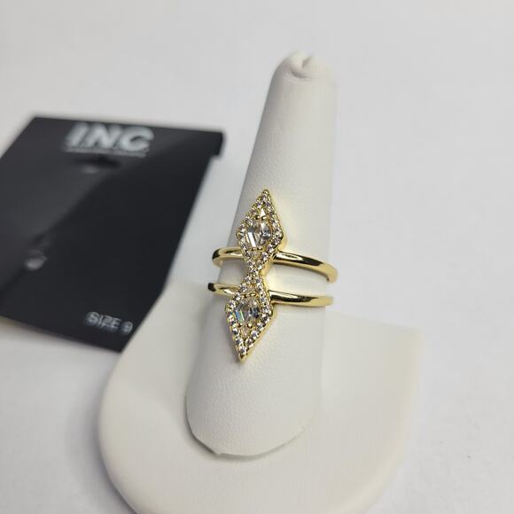 INC Gold-Tone Cubic Zirconia Triangle Double Row Ring Art Deco Vintage Size 9 - Picture 3 of 7